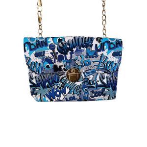 Letter Graphic Cartoon Blue and White Crossbody Bag, Gold Hardware